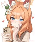  1girl absurdres animal_ear_fluff animal_ears blue_archive blue_eyes blush cellphone closed_mouth fingernails flower hair_flower hair_ornament heart highres holding holding_phone long_hair long_sleeves looking_at_viewer mari_(blue_archive) orange_hair phone setakman simple_background smartphone smile solo twitter_username upper_body white_background white_flower 