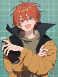  1boy brown_hoodie crossed_arms fang gambol_shroud green_background green_eyes highres hood hood_down hoodie jacket kajiyama_fuuta kao_ru05 long_sleeves looking_at_viewer male_focus milgram open_mouth orange_jacket red_hair signature smile solo spray_paint 