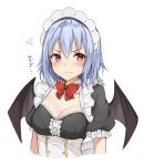  1girl alternate_costume amagi_(amagi626) arms_at_sides black_dress blue_hair blush bow bowtie breasts buttons center_frills cleavage closed_mouth cropped_torso detached_collar dress enmaided eyelashes frilled_sleeves frills frown highres light_blue_hair looking_at_viewer maid maid_headdress puffy_short_sleeves puffy_sleeves red_bow red_bowtie red_eyes remilia_scarlet short_hair short_sleeves simple_background solo squiggle standing sweatdrop touhou translated upper_body v-shaped_eyebrows wavy_mouth white_background wing_collar 