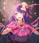  1girl :d ahoge commentary dress frilled_gloves frills gloves hair_ornament hair_ribbon heart heart_hands highres hoshino_ai_(oshi_no_ko) idol long_hair looking_at_viewer open_mouth oshi_no_ko pink_dress pink_gloves pink_ribbon purple_eyes purple_hair rabbit_hair_ornament ribbon smile star-shaped_pupils star_(symbol) symbol-shaped_pupils teeth upper_body upper_teeth_only zieru 
