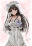  1girl alternate_costume black_hair bouquet breasts bridal_veil bride brown_eyes cleavage cowboy_shot dated dress elbow_gloves frilled_dress frills gloves haruna_(kancolle) kantai_collection kitagawa_mikio long_hair looking_at_viewer medium_breasts smile solo twitter_username veil wedding_dress white_gloves 