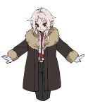  1girl ahoge black_pants brown_coat closed_mouth coat elf fur-trimmed_coat fur_trim gloves highres masruu mushoku_tensei pants pointy_ears ranoa_magic_academy_school_uniform red_eyes school_uniform short_hair simple_background smile solo white_background white_gloves white_hair 