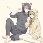  1boy 1girl animal_ears ap5ry black_hoodie black_pants blue_hair cat_ears cat_tail claw_pose green_hair hair_flaps highres hood hood_up hoodie kamishiro_rui kusanagi_nene long_hair long_sleeves looking_at_viewer low_tied_sidelocks multicolored_hair open_mouth pants project_sekai purple_eyes purple_hair shorts simple_background sitting streaked_hair tail white_background white_shorts yokozuwari 