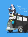  1boy black_jacket black_pants blue_background blue_gloves blue_hair closed_mouth dark_blue_hair dated fake_tail finger_frame gloves grey_eyes happy_birthday highres jacket kitagawa_yuusuke male_focus morgana_(persona_5) pants persona persona_5 short_hair sitting_on_car smile solo tail undersyaro white_footwear 