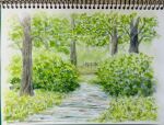  bush day fence grass highres naoy_watercolor no_humans original painting_(medium) photo_(medium) scenery sketchbook traditional_media tree watercolor_(medium) wooden_fence 