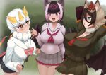  3girls absurdres animal_ears arm_at_side arms_behind_head arms_up bat_ears bat_girl bat_wings black_hair blue_eyes bow bowtie breasts brown_hair cleavage closed_mouth common_vampire_bat_(kemono_friends) cowboy_shot day detached_collar extra_ears fang fur-trimmed_sleeves fur_collar fur_trim grey_hair hair_between_eyes hair_ornament hand_up head_wings highres hilgendorf&#039;s_tube-nose_bat_(kemono_friends) honduran_white_bat_(kemono_friends) impossible_clothes impossible_shirt kemono_friends leaning_forward looking_at_another mask mask_on_head medium_hair microskirt multicolored_hair multiple_girls multiple_wings open_mouth outdoors paid_reward_available parted_lips pink_hair pleated_skirt purple_eyes red_eyes shibori_kasu shirt skirt smile tengu_mask white_hair wings 