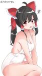  1girl ahoge alternate_costume bare_arms bare_legs bare_shoulders black_hair blush bow breasts cleavage feet_out_of_frame frills from_side frown hair_between_eyes hair_bow hair_tubes hakurei_reimu highres large_breasts leaning_forward long_hair looking_at_viewer one-piece_swimsuit open_mouth ponytail raised_eyebrow red_bow red_eyes sidelocks simple_background sitting solo squiggle swimsuit touhou touhourennsyuu twitter_username v_arms white_background white_one-piece_swimsuit 