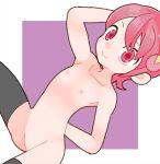  1girl arm_up black_thighhighs flat_chest hair_ornament mayl_sakurai_(mega_man) mega_man_(series) mega_man_battle_network_(series) nipples no_navel no_pussy nude pink_eyes pink_hair short_hair sicky_(pit-bull) smile solo thighhighs 