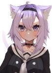  1girl absurdres ahoge animal_ears blush cat_ears cat_girl cat_tail choker commentary_request crossed_bangs crying crying_with_eyes_open hair_between_eyes hairband highres hololive looking_at_viewer mashiro_io neckerchief nekomata_okayu nekomata_okayu_(3rd_costume) purple_eyes purple_hair sailor_collar solo tail tears upper_body virtual_youtuber white_neckerchief white_sailor_collar 