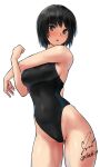  1girl amagami armpits ass_visible_through_thighs back_cutout bare_shoulders black_eyes black_hair black_one-piece_swimsuit blue_one-piece_swimsuit blush breasts clothing_cutout commentary competition_swimsuit covered_navel cowboy_shot highleg highleg_swimsuit highres looking_at_viewer medium_breasts nanasaki_ai one-piece_swimsuit open_mouth short_hair sideboob signature simple_background solo standing stretching swimsuit thighs twitter_username two-tone_swimsuit white_background yoo_tenchi 