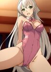  1girl :o aji_n ass bow breasts covered_navel detached_collar eiyuu_densetsu elie_macdowell green_eyes grey_hair highres indoors leotard long_hair looking_at_viewer medium_breasts pink_bow pink_leotard solo standing very_long_hair zero_no_kiseki 