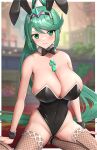  1girl absurdres animal_ears arm_support blurry blurry_background blush border bow bowtie breasts chest_jewel cleavage earrings fake_animal_ears fishnet_thighhighs fishnets gonzarez green_eyes green_hair highres jewelry large_breasts looking_at_viewer playboy_bunny pneuma_(xenoblade) ponytail rabbit_ears sitting solo swept_bangs thighhighs tiara white_border wrist_cuffs xenoblade_chronicles_(series) xenoblade_chronicles_2 