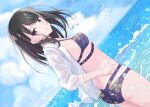  1girl ass bikini black_hair blue_eyes blurry blurry_background blush breasts cloud cloudy_sky collarbone floral_print from_side hand_on_hip highres idolmaster idolmaster_shiny_colors kazano_hiori long_hair long_sleeves looking_at_viewer medium_breasts mole mole_under_mouth ocean open_clothes open_mouth open_shirt parted_lips purple_bikini shirt sky solo standing sunlight swimsuit toretate_saburou white_shirt 