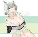  1girl absurdres animal_ears arknights bare_shoulders breasts cat_ears cleavage collarbone commentary_request covering covering_crotch dress green_eyes grey_hair highres kal&#039;tsit_(arknights) large_breasts long_sleeves looking_at_viewer off_shoulder oripathy_lesion_(arknights) sarea_(sarea2020) short_hair sitting solo 