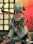  1girl bare_shoulders chain commentary_request dark-skinned_female dark_skin emerald_sustrai from_behind green_hair japanese_clothes kimono kusarigama looking_back open_clothes open_kimono red_eyes rwby short_hair_with_long_locks sickle solo sumiwow weapon 