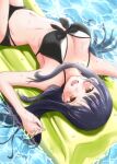  1girl air_mattress arms_up bikini black_bikini blue_hair blush boku_no_kokoro_no_yabai_yatsu breasts brown_eyes commentary_request dark_blue_hair front-tie_bikini_top front-tie_top highres large_breasts long_hair looking_at_viewer lying mole mole_on_neck multi-strapped_bikini_bottom navel on_back open_mouth signature solo swimsuit take20131004 upside-down water yamada_anna 