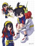  1boy 1girl absurdres ahoge black_hair blue_shirt blue_socks brother_and_sister candy_apple carmine_(pokemon) closed_mouth collared_shirt commentary_request crossed_bangs dipplin eyelashes food gloves grid_background hair_between_eyes hairband highres jacket jayj_824 kieran_(pokemon) long_hair long_sleeves multiple_views necktie pokemon pokemon_(creature) pokemon_(game) pokemon_sv red_necktie shirt shoes short_hair shorts siblings single_glove smile socks squatting twitter_username white_footwear white_jacket white_shorts yellow_eyes yellow_hairband 