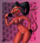  anthro barbie_(helluva_boss) breasts claws demon fangs female genitals helluva_boss hi_res horn imp nipples nude open_mouth open_smile pussy red_body red_eyes sharkember simple_background smile solo tail tattoo teeth thick_thighs 