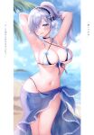  1girl absurdres armpits arms_behind_head arms_up bare_arms bare_shoulders beach bikini black_choker blue_eyes blurry breasts cameltoe choker cleavage criss-cross_halter depth_of_field hair_over_one_eye hairband halterneck highres large_breasts long_hair looking_at_viewer mitsuba_choco navel open_mouth original outdoors ponytail sarong scan see-through sidelocks skindentation smile solo standing stomach string_bikini swimsuit thigh_gap thighs wet white_bikini white_hair 