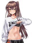  1girl absurdres black_bra bra bra_peek brown_hair clothes_lift crop_top drawstring girls&#039;_frontline grin highres hoppo lifted_by_self long_hair long_sleeves looking_at_viewer midriff navel official_alternate_costume one_side_up orange_eyes scar scar_across_eye shirt shirt_lift simple_background smile solo stomach ump45_(corona_sunset)_(girls&#039;_frontline) ump45_(girls&#039;_frontline) underwear upper_body white_background white_shirt 