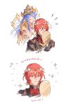  1boy 1girl :d alear_(fire_emblem) alear_(male)_(fire_emblem) black_gloves blue_hair closed_mouth crown fire_emblem fire_emblem_engage flower gloves hahahashagi hair_ornament hand_mirror highres holding holding_mirror long_hair looking_at_mirror lumera_(fire_emblem) mirror mother_and_son red_eyes red_hair short_hair smile white_background 