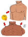  2boys abs anatomy arrow_(symbol) bara beard_stubble cropped_torso dark-skinned_male dark_skin dated emoji from_below goatee_stubble large_pectorals male_focus multiple_boys muscular muscular_male navel nipples nude original pectoral_focus pectorals stomach thinking_emoji translation_request yowaifish 