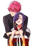  1boy 1girl black_suit blue_eyes blush business_suit chinese_clothes closed_eyes couple earrings formal gauma gridman_universe gridman_universe_(film) hair_between_eyes hair_bun hetero hug hug_from_behind jewelry long_hair necktie open_mouth princess_(dynazenon) red_hair risyo scar scar_on_face short_hair smile suit 