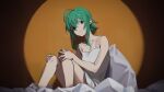  1girl ahoge bare_arms bare_legs black_background collarbone crying crying_with_eyes_open dress frown green_eyes green_hair gumi hands_on_own_knees highres looking_at_viewer orange_background short_hair_with_long_locks sidelocks sitting solo spaghetti_strap spotlight tears vocaloid white_dress wounds404 