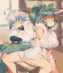  2girls ahoge animal_ear_fluff animal_ears blue_hair blush breasts cleavage closed_mouth collar commentary_request green_collar green_eyes green_hair hair_dryer holding holding_hair_dryer kuromiya kuromiya_raika large_breasts looking_at_viewer multicolored_hair multiple_girls naked_towel one_eye_closed orange_hair original shiromiya_asuka short_hair sitting smile tail towel twitter_username two-tone_hair 