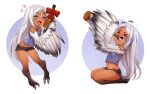  &gt;_&lt; 1girl alcohol bird_legs blue_tank_top blush blush_stickers bow closed_eyes commentary commission drinking drunk eliana_(mgl139) english_commentary facial_mark feathered_wings gradient_wings hair_between_eyes harpy heart hugging_object iwbitu long_hair midriff monster_girl multicolored_wings multiple_views navel open_mouth original red_bow sake seiza short_shorts shorts sitting talons tan tank_top teeth two-tone_background upper_teeth_only white_background white_hair winged_arms wings 