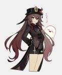  black_headwear black_shorts boo_tao_(genshin_impact) brown_coat brown_hair closed_mouth coat flower flower-shaped_pupils genshin_impact ghost gold_trim hair_flaps hat hat_flower hat_tassel highres hu_tao_(genshin_impact) long_hair looking_at_viewer low_twintails merry-san plum_blossoms porkpie_hat red_eyes red_flower shorts sidelocks simple_background smile symbol-shaped_pupils talisman tassel twintails very_long_hair white_background 