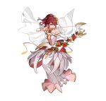  1girl aiming anna_(fire_emblem) attack bare_shoulders bouquet bow_(weapon) breasts detached_sleeves dress feather_trim fire_emblem fire_emblem_heroes flower flower_brooch gold_bracelet gold_choker high_ponytail holding holding_bouquet holding_bow_(weapon) holding_weapon medium_breasts official_alternate_costume official_art open_mouth ponytail red_eyes red_flower red_hair red_rose rose smile v-shaped_eyebrows weapon white_background white_dress yellow_flower yellow_rose 