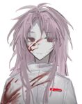  1boy blood blood_on_clothes blood_on_face closed_mouth expressionless eyes_visible_through_hair hatsutori_hajime high_collar long_hair looking_at_viewer male_focus pale_skin parted_bangs pink_hair red_eyes renlei_laiji saibou_shinkyoku shirt simple_background sketch solo white_background white_shirt 