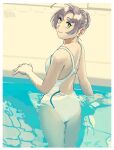  1girl alternate_hairstyle antenna_hair competition_swimsuit from_behind green_eyes grey_hair hair_bun highres kantai_collection kinugasa_(kancolle) looking_at_viewer looking_back ojipon one-piece_swimsuit parted_bangs partially_submerged poolside racerback solo swimsuit water white_one-piece_swimsuit 
