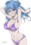  1girl bikini blue_eyes blue_hair breasts closed_mouth cowboy_shot double_bun frilled_bikini frills gakky hair_bun highres kantai_collection large_breasts looking_at_viewer medium_breasts o-ring o-ring_bottom one-hour_drawing_challenge purple_bikini simple_background solo swimsuit urakaze_(kancolle) white_background 