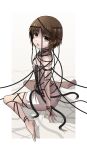  1girl :o asymmetrical_hair barefoot brown_eyes brown_hair cable chemise entangled feet hair_ornament halulu highres iwakura_lain looking_at_viewer open_mouth serial_experiments_lain single_sidelock sitting solo strap_slip wariza white_chemise x_hair_ornament 