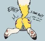  ?! anthro anus bandai_namco butt dialogue digimon digimon_(species) feet female fluffy fluffy_tail fur genitals hi_res pawpads prince-vulpine pussy rear_view renamon simple_background solo stuck tail yellow_body yellow_fur 