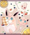  :d :o animal_focus blue_eyes blueberry butter colored_skin commentary_request evolutionary_line food fork fruit hanabusaoekaki highres holding holding_plate igglybuff jigglypuff letterboxed maple_syrup no_humans orange_(fruit) orange_slice pancake pink_background pink_skin plate pokemon pokemon_(creature) red_eyes smile souffle_pancake spoon strawberry striped striped_background tongue tongue_out wigglytuff 
