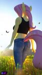  3d_(artwork) absurd_res anthro arthropod bottomwear breasts butterfly clothing crop_top denim denim_bottomwear denim_clothing digital_media_(artwork) equid equine female fluttershy_(mlp) friendship_is_magic hasbro hi_res insect jeans lepidopteran mammal my_little_pony pants pegasus rear_view shadowboltsfm shirt solo topwear wings 