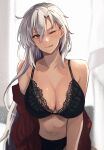  1girl alternate_hairstyle black_bra black_panties blurry blurry_background bra breasts cardigan cleavage collarbone commentary_request dark-skinned_female dark_skin glasses grey_hair hair_down heart highres kantai_collection kasumi_(skchkko) large_breasts light_particles long_hair looking_at_viewer musashi_(kancolle) navel off_shoulder one_eye_closed open_cardigan open_clothes panties red_eyes simple_background smile solo tongue tongue_out underwear upper_body 