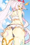  1girl ass bikini cloud day fang frilled_bikini frills from_behind from_below gorirago granblue_fantasy highres long_hair looking_at_viewer looking_back medusa_(shingeki_no_bahamut) open_mouth outdoors pink_hair pointy_ears red_eyes sidelocks solo swimsuit thigh_strap very_long_hair water white_bikini 