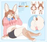  anthro anus boxers_(clothing) butt clothed clothing crop_top for_sale genitals gesture girly headphones hi_res lagomorph leporid male mammal mochiibat model_sheet paws penis rabbit shirt solo topwear underwear v_sign 