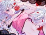  1girl apple bare_arms bed_sheet blue_hair blue_nails blurry breasts camisole collarbone commentary depth_of_field eyelashes falling_petals food frilled_camisole frills fruit hair_down hatsune_miku holding holding_food holding_fruit light_blue_hair long_hair looking_at_viewer lying madori_azu midriff navel on_back on_bed pale_skin parted_lips petals pink_camisole polka_dot_camisole red_apple romeo_to_cinderella_(vocaloid) solo strap_slip thorns underboob vocaloid 