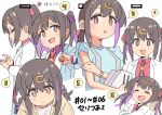  1girl :d bare_arms black_hair bolo_tie braid brown_eyes closed_eyes commentary expressions funiketsu hair_between_eyes hair_ornament hair_ribbon hairclip highres lab_coat multicolored_hair multiple_views onii-chan_wa_oshimai! open_mouth oyama_mihari purple_hair red_ribbon red_shirt ribbon shirt simple_background smile translation_request twin_braids twintails two-tone_hair watch white_background wing_collar wristwatch 