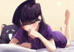  1girl absurdres artist_name barefoot bed bed_sheet black_hair commentary feet feet_up hair_between_eyes hand_to_own_mouth highres indoors j_humbo komi-san_wa_komyushou_desu komi_shouko light_particles long_hair lying on_bed on_stomach pajamas pillow purple_eyes purple_pajamas soles solo stuffed_animal stuffed_cat stuffed_toy the_pose toes 