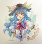  1girl absurdres blue_hair bow bowtie copyright_request dated hands_on_own_hips hat highres hinanawi_tenshi long_hair one-hour_drawing_challenge painting_(medium) puffy_short_sleeves puffy_sleeves red_bow red_eyes shiroma_(mamiko) shirt short_sleeves touhou traditional_media upper_body watercolor_(medium) white_background white_shirt 