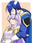  1boy 1girl bare_shoulders blue_hair breasts brother_and_sister cape circlet closed_eyes commentary_request dress fire_emblem fire_emblem:_genealogy_of_the_holy_war head_on_head head_rest headband hug hug_from_behind julia_(fire_emblem) long_hair open_mouth purple_eyes purple_hair seliph_(fire_emblem) siblings smile white_headband yukia_(firstaid0) 