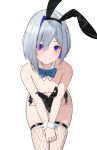  1girl @_@ absurdres amane_kanata animal_ears bare_shoulders black_leotard blue_hair blush bow bowtie breasts collarbone colored_inner_hair embarrassed fake_animal_ears fishnet_thighhighs fishnets from_above grey_hair hairband highres hololive leotard looking_at_viewer looking_up multicolored_hair playboy_bunny purple_eyes rabbit_ears short_hair sitting skindentation small_breasts smile solo stoner08 thighhighs virtual_youtuber wrist_cuffs 