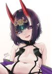  1girl b.d bare_shoulders bob_cut breasts collarbone eyeliner fate/grand_order fate_(series) headpiece highres horns japanese_clothes kimono looking_at_viewer makeup navel off_shoulder oni oni_horns open_clothes open_kimono open_mouth pointy_ears purple_eyes purple_hair purple_kimono revealing_clothes short_hair shuten_douji_(fate) skin-covered_horns small_breasts smile solo 