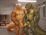  2021 abs alligator alligatorid anthro arm_around_shoulders balls beard biceps big_penis body_hair brown_hair casual_nudity chest_hair comparing comparing_penis crocodilian deltoids dragon duo ear_tuft facial_hair facial_piercing flaccid foreskin genitals glistening glistening_body hair hand_on_penis hi_res horn locker locker_bench locker_room male male/male manly mature_male muscular muscular_thighs nose_piercing nose_ring nude orcfun painting pecs penis piercing pubes reptile ring_piercing scalie shower_head shower_room standing triceps tuft vein veiny_penis white_hair 